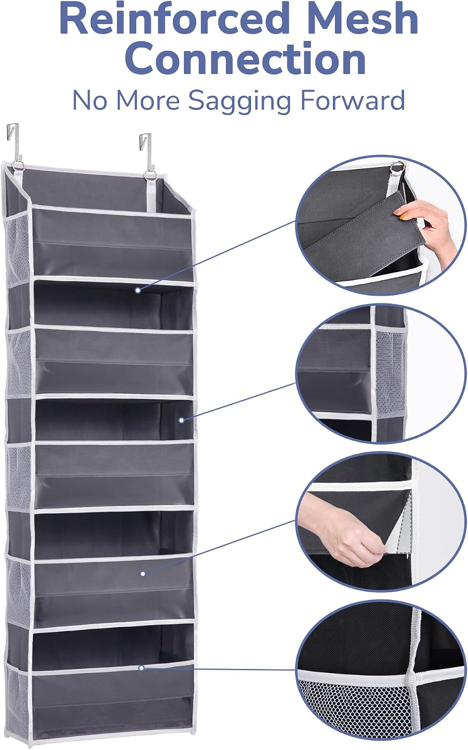 Over Door Organizer with 5 Large and 10 Mesh Side Pockets, 44 lbs Weight Capacity Hanging Storage with Clear Window Kids Toys, Shoes, Diapers, Dark Grey, 5 Layers