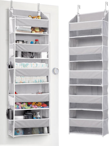 Over Door Organizer with 5 Large and 10 Mesh Side Pockets, 44 lbs Weight Capacity Hanging Storage with Clear Window Kids Toys, Shoes, Diapers, Dark Grey, 5 Layers