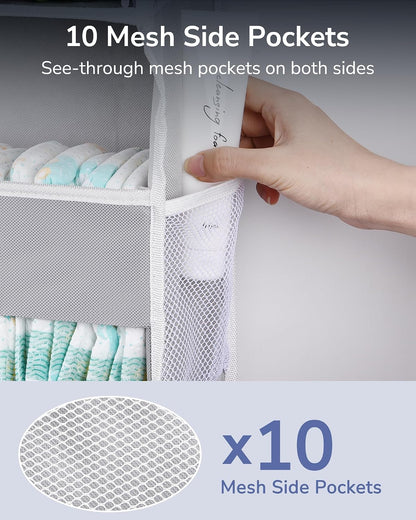 Over Door Organizer with 5 Large and 10 Mesh Side Pockets, 44 lbs Weight Capacity Hanging Storage with Clear Window Kids Toys, Shoes, Diapers, Dark Grey, 5 Layers