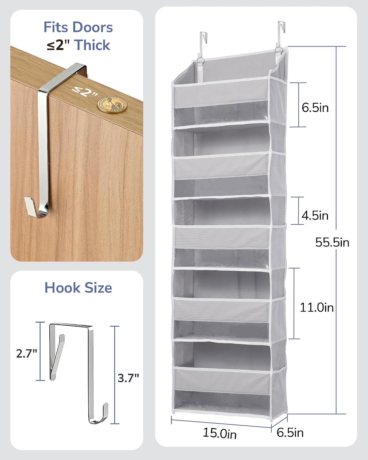 Over Door Organizer with 5 Large and 10 Mesh Side Pockets, 44 lbs Weight Capacity Hanging Storage with Clear Window Kids Toys, Shoes, Diapers, Dark Grey, 5 Layers