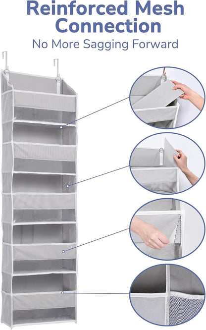 Over Door Organizer with 5 Large and 10 Mesh Side Pockets, 44 lbs Weight Capacity Hanging Storage with Clear Window Kids Toys, Shoes, Diapers, Dark Grey, 5 Layers