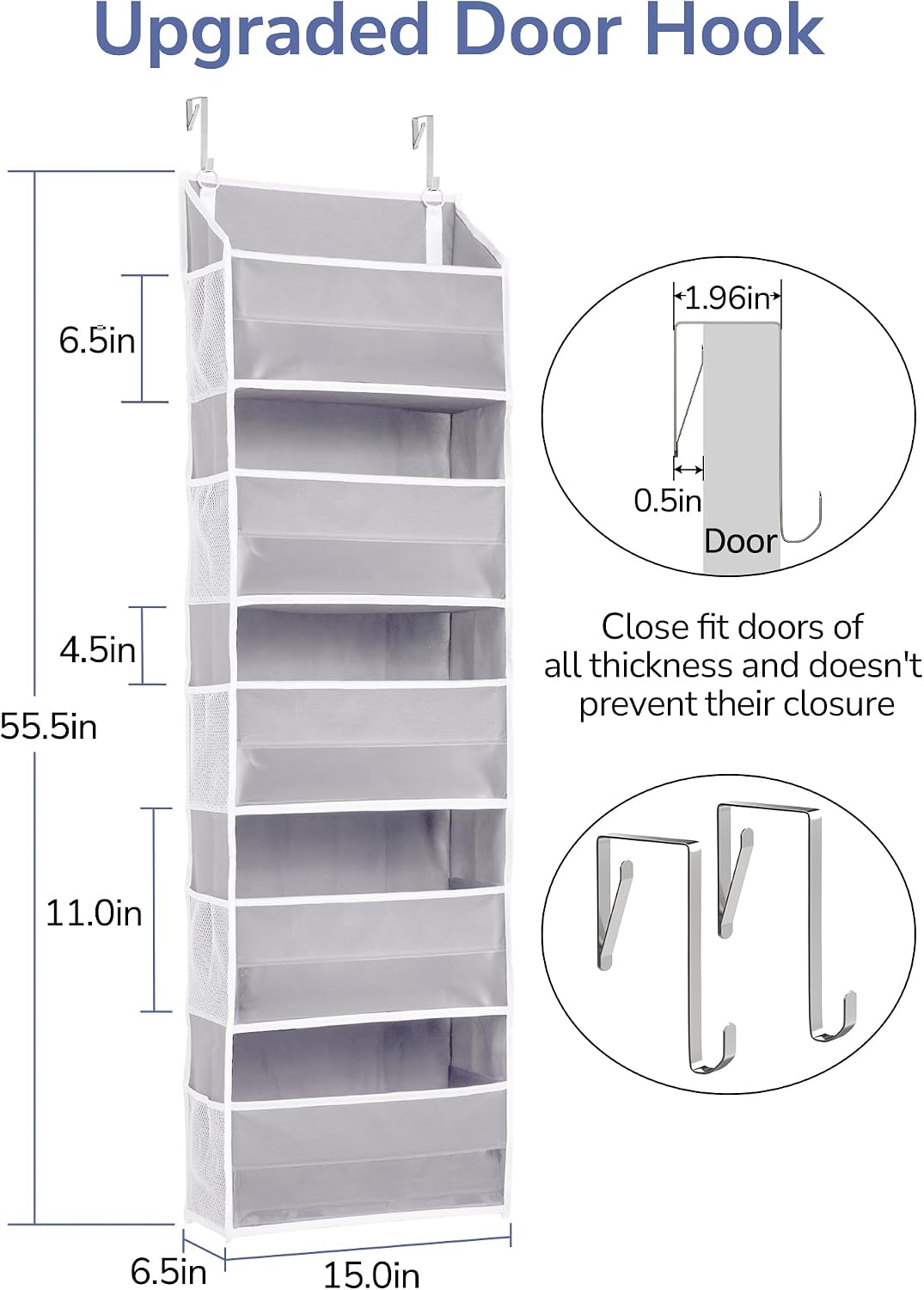 Over Door Organizer with 5 Large and 10 Mesh Side Pockets, 44 lbs Weight Capacity Hanging Storage with Clear Window Kids Toys, Shoes, Diapers, Dark Grey, 5 Layers