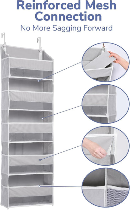 Over Door Organizer with 5 Large and 10 Mesh Side Pockets, 44 lbs Weight Capacity Hanging Storage with Clear Window Kids Toys, Shoes, Diapers, Dark Grey, 5 Layers