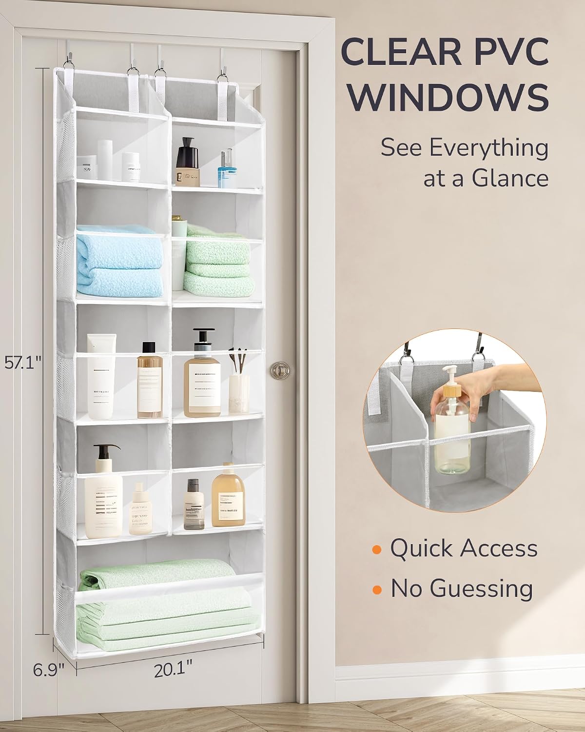 Over Door Organizer with 5 Large and 10 Mesh Side Pockets, 44 lbs Weight Capacity Hanging Storage with Clear Window Kids Toys, Shoes, Diapers, Dark Grey, 5 Layers