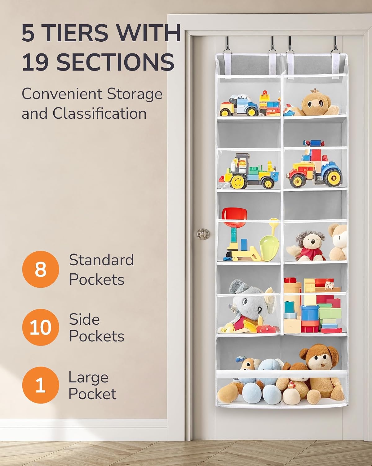 Over Door Organizer with 5 Large and 10 Mesh Side Pockets, 44 lbs Weight Capacity Hanging Storage with Clear Window Kids Toys, Shoes, Diapers, Dark Grey, 5 Layers