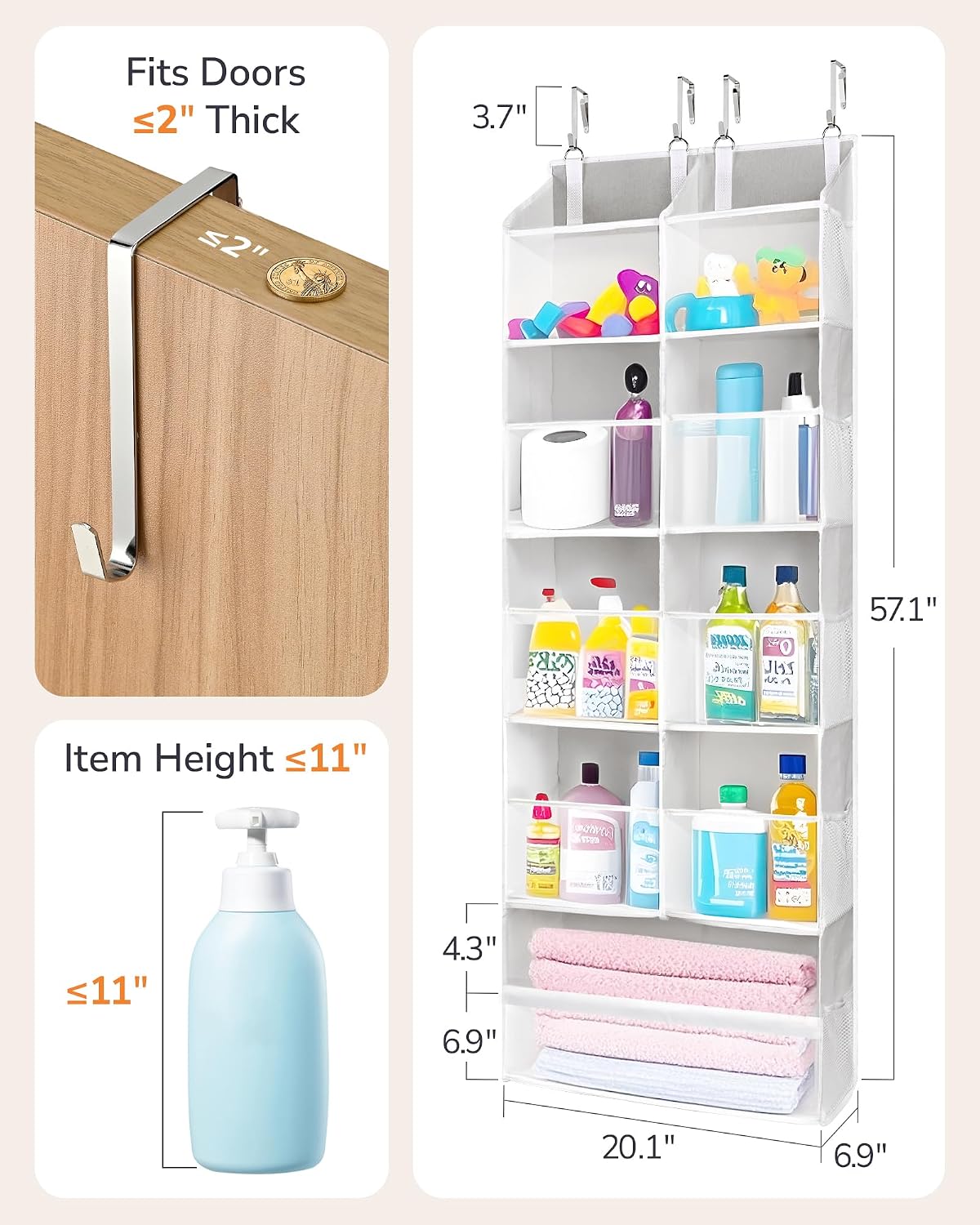 Over Door Organizer with 5 Large and 10 Mesh Side Pockets, 44 lbs Weight Capacity Hanging Storage with Clear Window Kids Toys, Shoes, Diapers, Dark Grey, 5 Layers