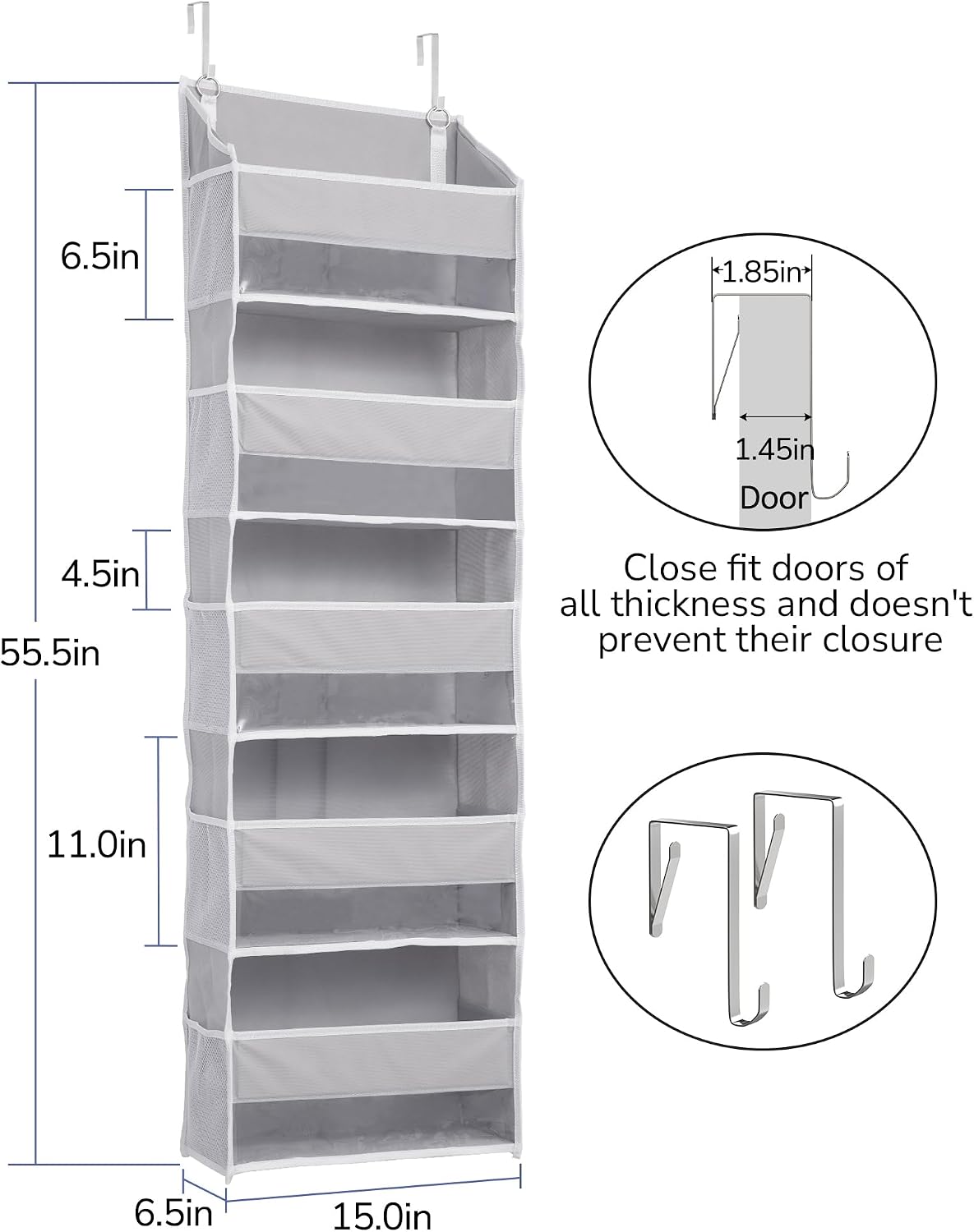 Over Door Organizer with 5 Large and 10 Mesh Side Pockets, 44 lbs Weight Capacity Hanging Storage with Clear Window Kids Toys, Shoes, Diapers, Dark Grey, 5 Layers