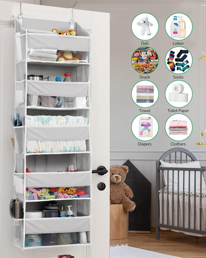 Over Door Organizer with 5 Large and 10 Mesh Side Pockets, 44 lbs Weight Capacity Hanging Storage with Clear Window Kids Toys, Shoes, Diapers, Dark Grey, 5 Layers