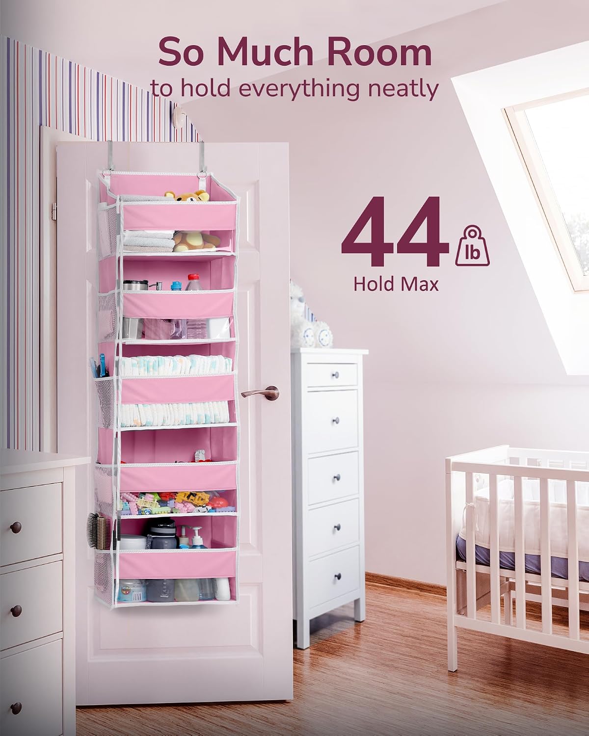 Over Door Organizer with 5 Large and 10 Mesh Side Pockets, 44 lbs Weight Capacity Hanging Storage with Clear Window Kids Toys, Shoes, Diapers, Dark Grey, 5 Layers