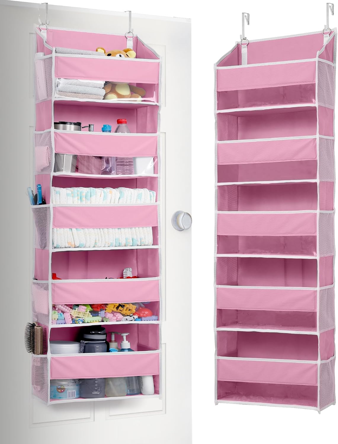 Over Door Organizer with 5 Large and 10 Mesh Side Pockets, 44 lbs Weight Capacity Hanging Storage with Clear Window Kids Toys, Shoes, Diapers, Dark Grey, 5 Layers