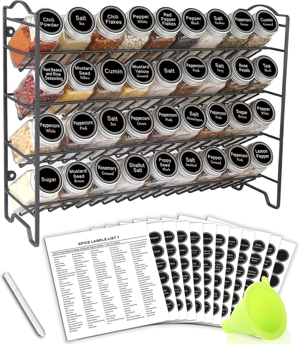 Spice Rack Organizer with 36 Empty Square Spice Jars, 396 Spice Labels with Chalk Marker and Funnel Complete Set, for Countertop, Cabinet or Wall Mount, Black