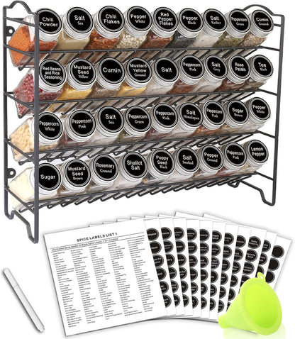 Spice Rack Organizer with 36 Empty Square Spice Jars, 396 Spice Labels with Chalk Marker and Funnel Complete Set, for Countertop, Cabinet or Wall Mount, Black