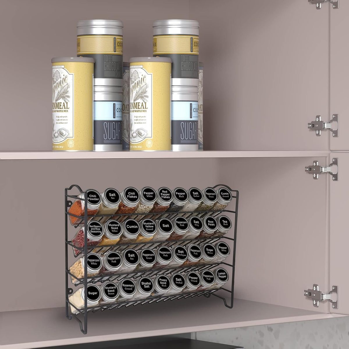Spice Rack Organizer with 36 Empty Square Spice Jars, 396 Spice Labels with Chalk Marker and Funnel Complete Set, for Countertop, Cabinet or Wall Mount, Black