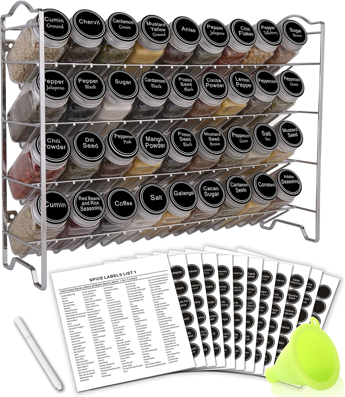 Spice Rack Organizer with 36 Empty Square Spice Jars, 396 Spice Labels with Chalk Marker and Funnel Complete Set, for Countertop, Cabinet or Wall Mount, Black