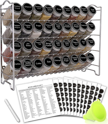 Spice Rack Organizer with 36 Empty Square Spice Jars, 396 Spice Labels with Chalk Marker and Funnel Complete Set, for Countertop, Cabinet or Wall Mount, Black