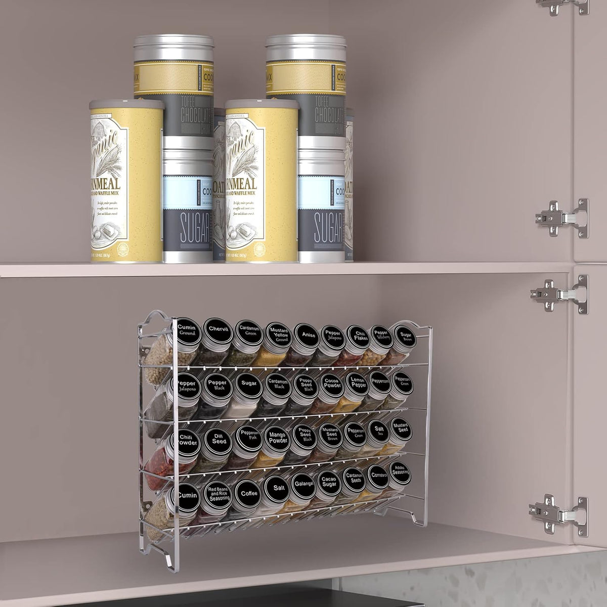 Spice Rack Organizer with 36 Empty Square Spice Jars, 396 Spice Labels with Chalk Marker and Funnel Complete Set, for Countertop, Cabinet or Wall Mount, Black