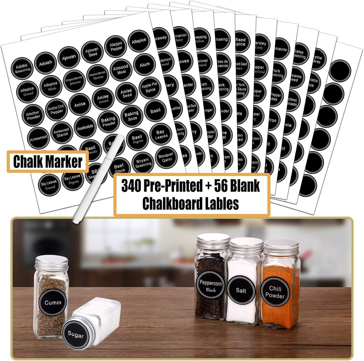 Spice Rack Organizer with 36 Empty Square Spice Jars, 396 Spice Labels with Chalk Marker and Funnel Complete Set, for Countertop, Cabinet or Wall Mount, Black