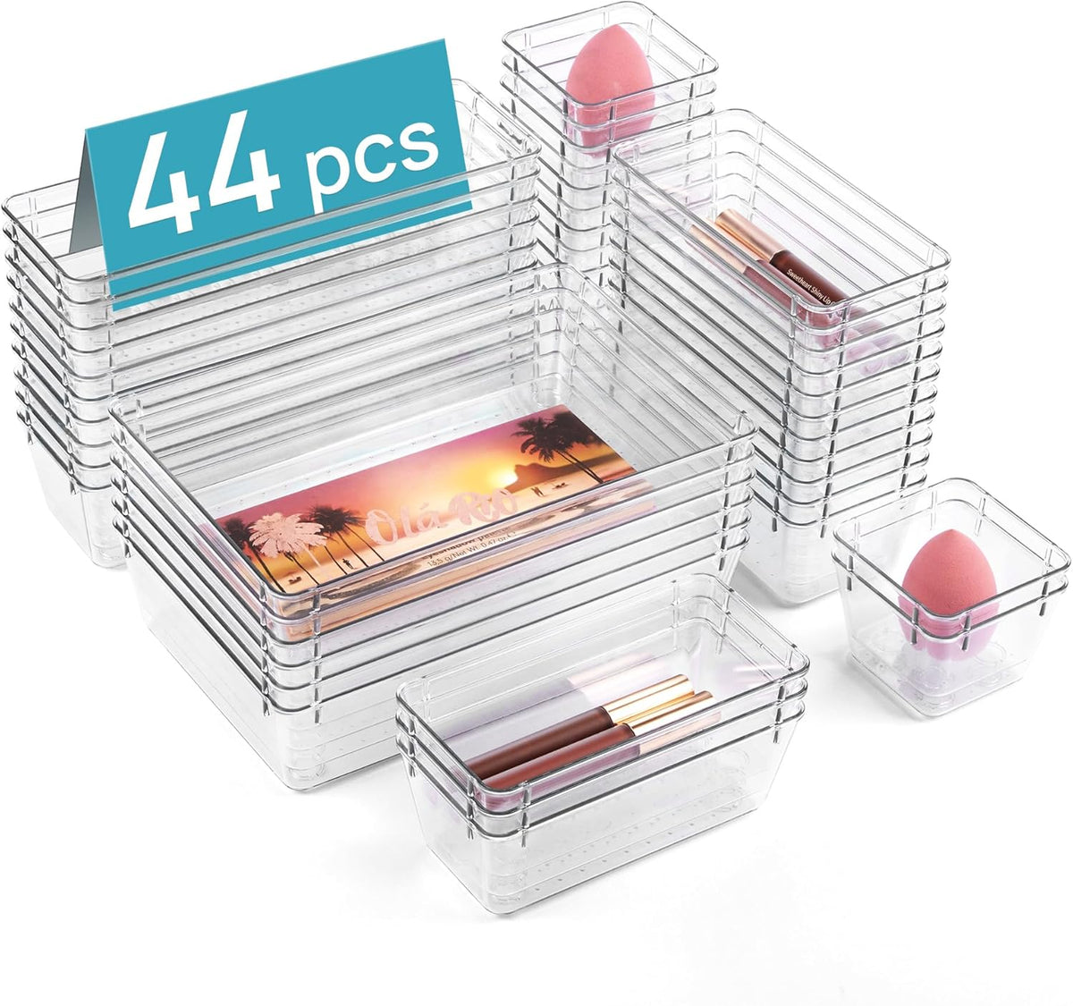 44 PCS Clear Plastic Drawer Organizers Set, Vanity Organizer Trays