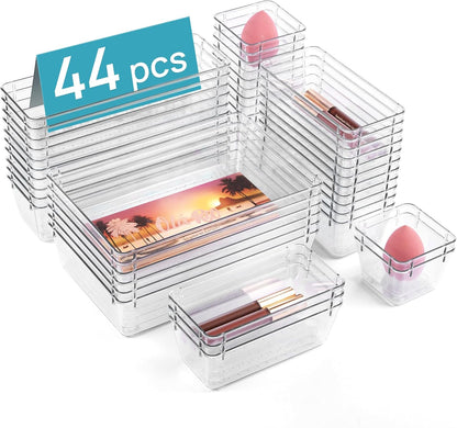 44 PCS Clear Plastic Drawer Organizers Set, Vanity Organizer Trays