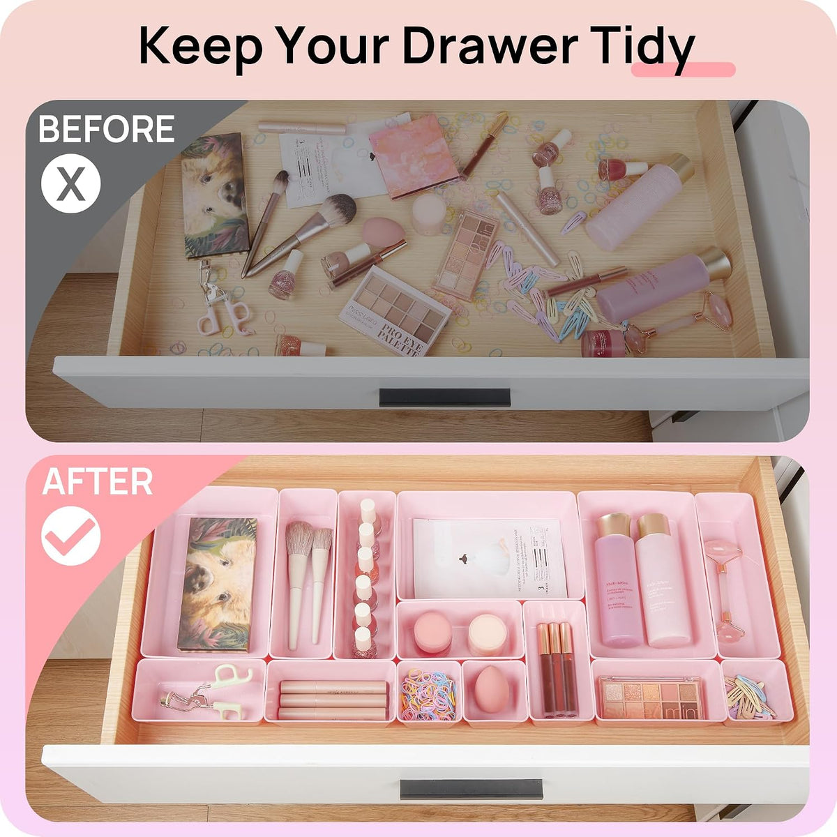 44 PCS Clear Plastic Drawer Organizers Set, Vanity Organizer Trays
