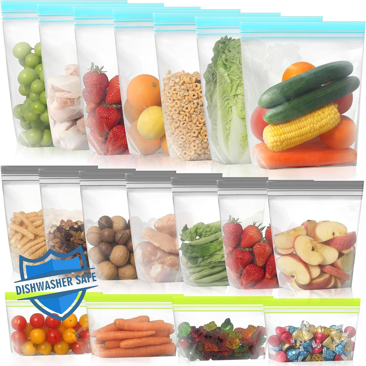 Stand Up Reusable Freezer Bags, Dishwasher Microwave Safe | Microwave Safe, Leakproof, Double Seal, Food-Grade Material, BPA Free, Food Storage Bags for Meal Prep, Kitchen Organization