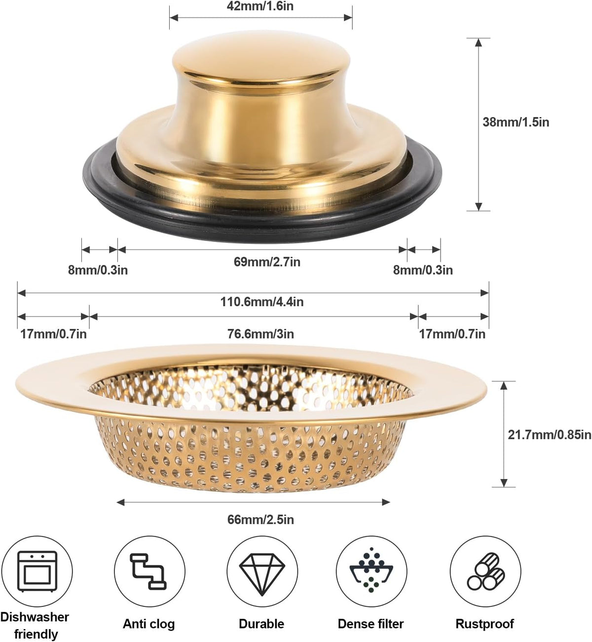 Kitchen Sink Drain Strainer Stopper Stainless Steel Basket Filter