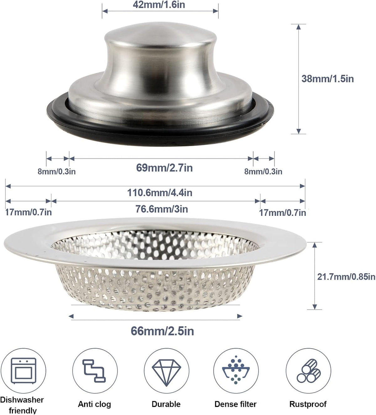 Kitchen Sink Drain Strainer Stopper Stainless Steel Basket Filter