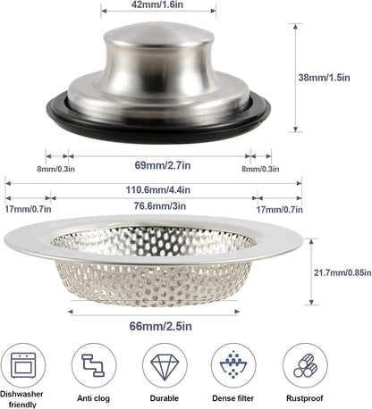 Kitchen Sink Drain Strainer Stopper Stainless Steel Basket Filter