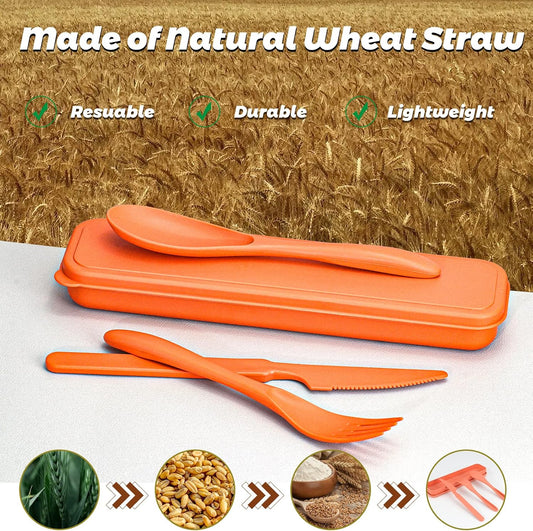 Reusable Travel Utensils Set with Case, 4 Sets Wheat Straw Portable Plastic Fork Spoons Knife Camping Cutlery, Eco-Friendly BPA Free Lunch Tableware Travel Picnic Silverware for Kids Adults Daily Use