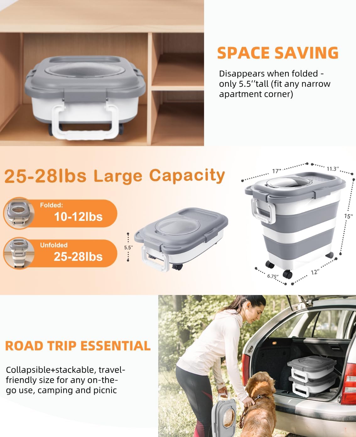 HOYTAMDAR 13Lbs Collapsible Dog Food Storage Container,Dog Food Container | Pet Food Storage Container with Airtight Lid,Measuring Scoop,Cat Food Storage Container Dry Food for Pets,Rice,Cereal