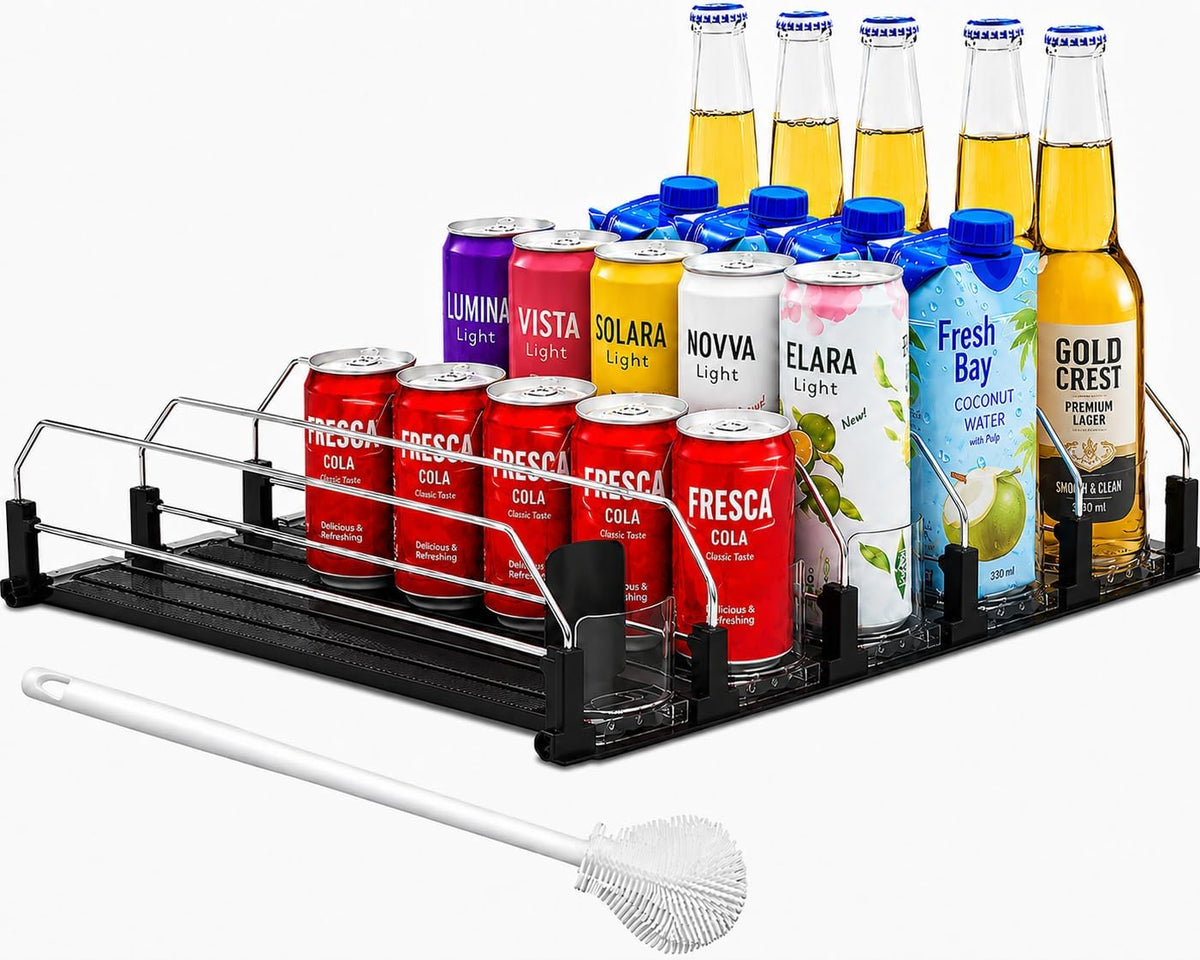 Drink Organizer for Fridge with Cleaning Brush, Soda Can Dispenser for Refrigerator, Automatic Drink Dispenser for Fridge Holds up to 25 Cans, 5 Row Adjustable Organizer with Smooth Pusher Glide White