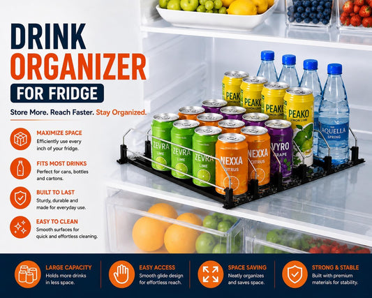 Drink Organizer for Fridge with Cleaning Brush, Soda Can Dispenser for Refrigerator, Automatic Drink Dispenser for Fridge Holds up to 25 Cans, 5 Row Adjustable Organizer with Smooth Pusher Glide White