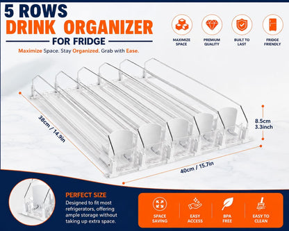 Drink Organizer for Fridge with Cleaning Brush, Soda Can Dispenser for Refrigerator, Automatic Drink Dispenser for Fridge Holds up to 25 Cans, 5 Row Adjustable Organizer with Smooth Pusher Glide White