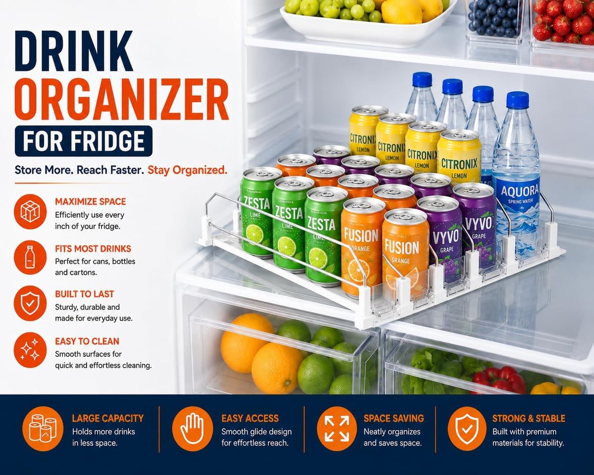 Drink Organizer for Fridge with Cleaning Brush, Soda Can Dispenser for Refrigerator, Automatic Drink Dispenser for Fridge Holds up to 25 Cans, 5 Row Adjustable Organizer with Smooth Pusher Glide White