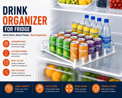Drink Organizer for Fridge with Cleaning Brush, Soda Can Dispenser for Refrigerator, Automatic Drink Dispenser for Fridge Holds up to 25 Cans, 5 Row Adjustable Organizer with Smooth Pusher Glide White