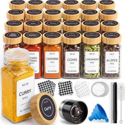 24 Pack Glass Spice Jars : 492 Lables & Pepper Grinder
