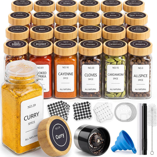 24 Pack Glass Spice Jars : 492 Lables & Pepper Grinder