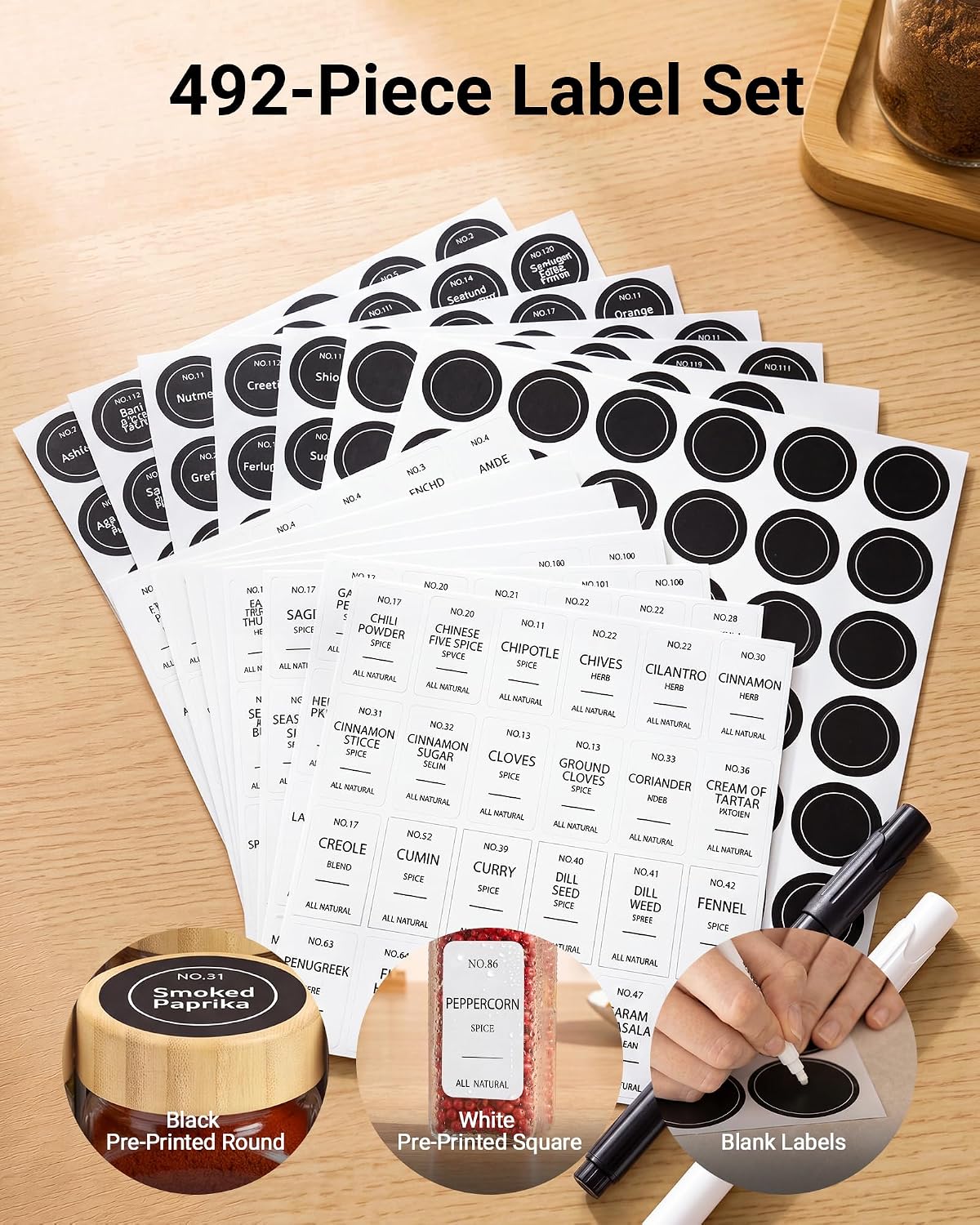 24 Pack Glass Spice Jars : 492 Lables & Pepper Grinder