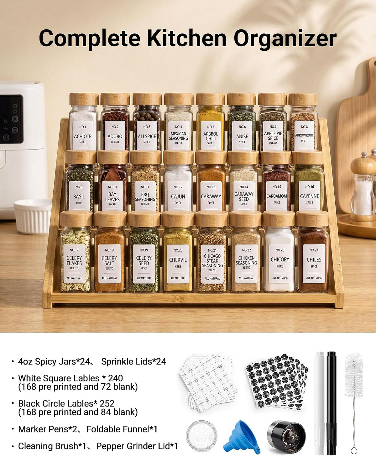 24 Pack Glass Spice Jars : 492 Lables & Pepper Grinder