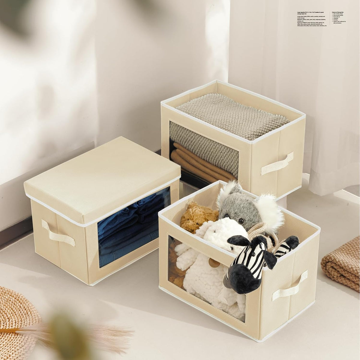 Storage Bins with Lids - Fabric Storage Boxe with Window, Collapsible Closet Organizers with Handles, Decorative Bin, Home Cubes Baskets for Clothes, Hat, Books, Dark Grey