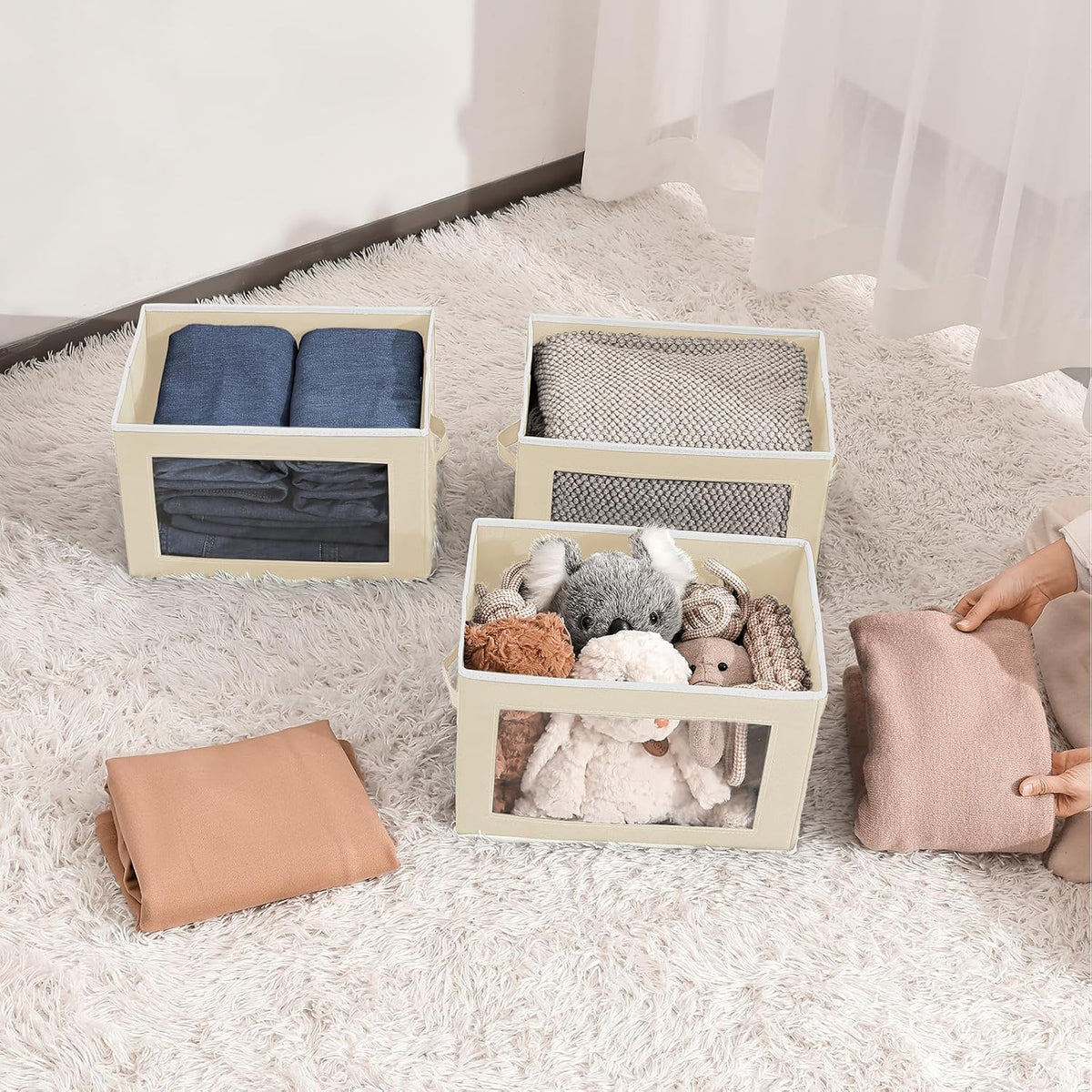 Storage Bins with Lids - Fabric Storage Boxe with Window, Collapsible Closet Organizers with Handles, Decorative Bin, Home Cubes Baskets for Clothes, Hat, Books, Dark Grey