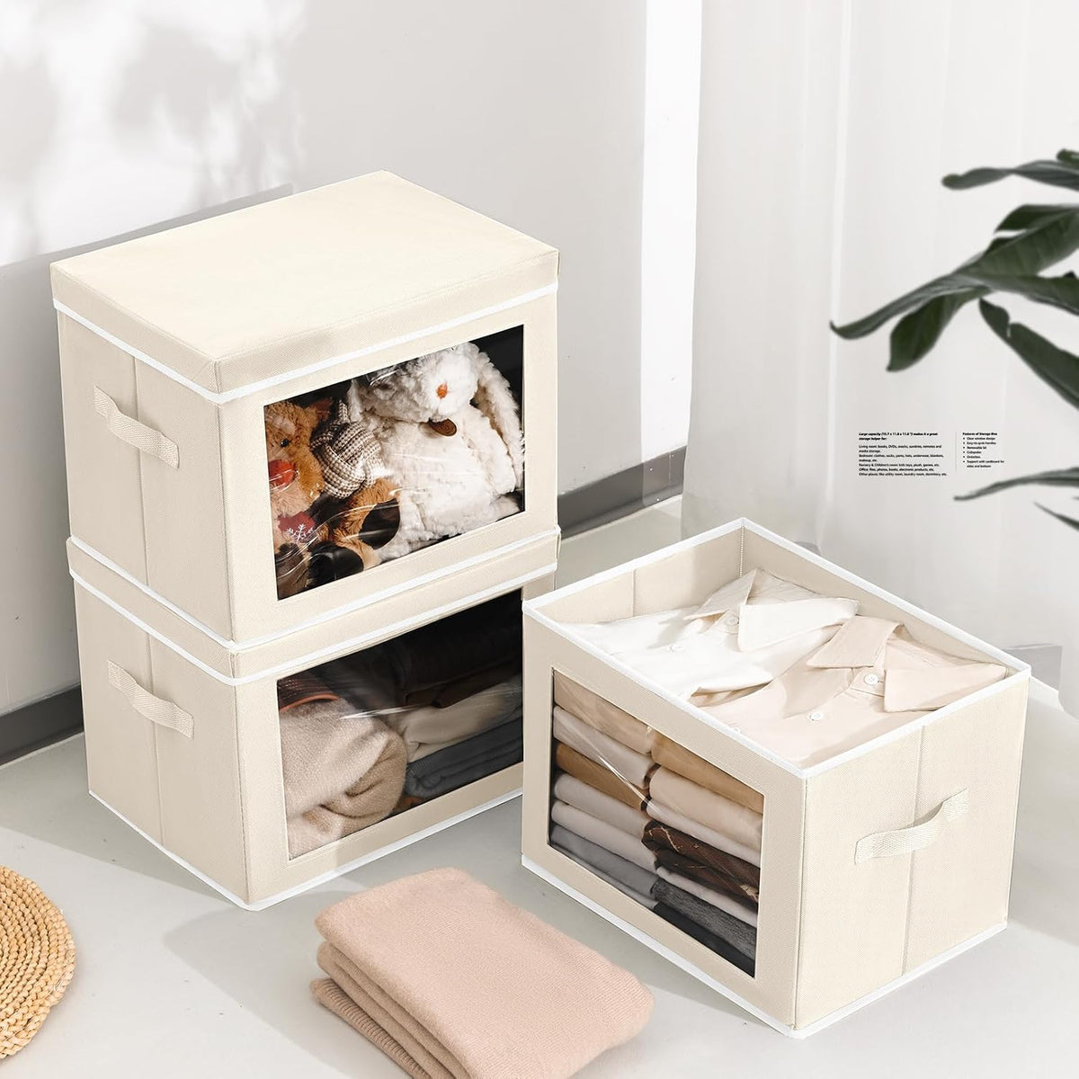 Storage Bins with Lids - Fabric Storage Boxe with Window, Collapsible Closet Organizers with Handles, Decorative Bin, Home Cubes Baskets for Clothes, Hat, Books, Dark Grey