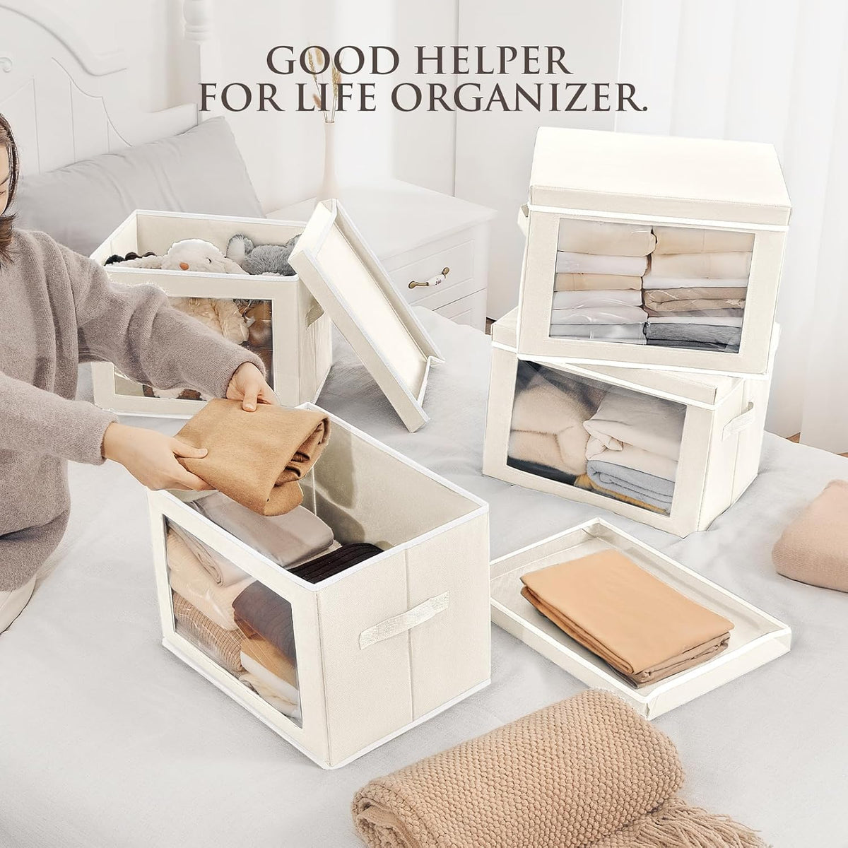 Storage Bins with Lids - Fabric Storage Boxe with Window, Collapsible Closet Organizers with Handles, Decorative Bin, Home Cubes Baskets for Clothes, Hat, Books, Dark Grey