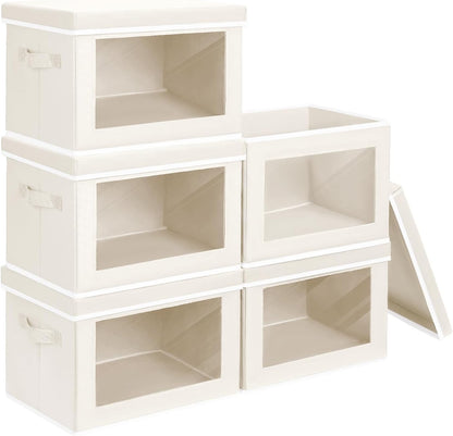 Storage Bins with Lids - Fabric Storage Boxe with Window, Collapsible Closet Organizers with Handles, Decorative Bin, Home Cubes Baskets for Clothes, Hat, Books, Dark Grey