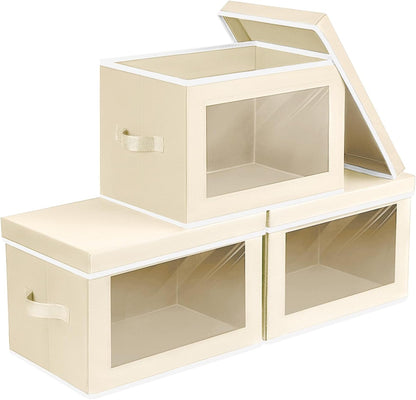 Storage Bins with Lids - Fabric Storage Boxe with Window, Collapsible Closet Organizers with Handles, Decorative Bin, Home Cubes Baskets for Clothes, Hat, Books, Dark Grey