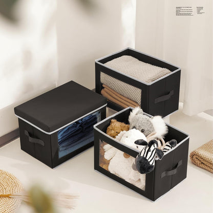 Storage Bins with Lids - Fabric Storage Boxe with Window, Collapsible Closet Organizers with Handles, Decorative Bin, Home Cubes Baskets for Clothes, Hat, Books, Dark Grey