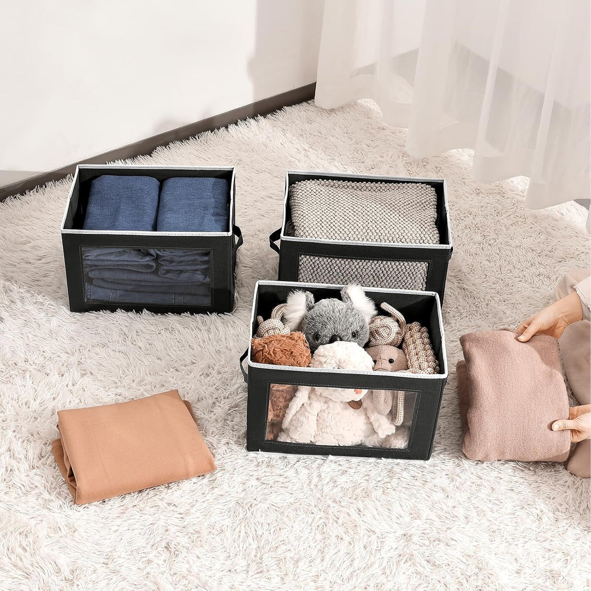 Storage Bins with Lids - Fabric Storage Boxe with Window, Collapsible Closet Organizers with Handles, Decorative Bin, Home Cubes Baskets for Clothes, Hat, Books, Dark Grey