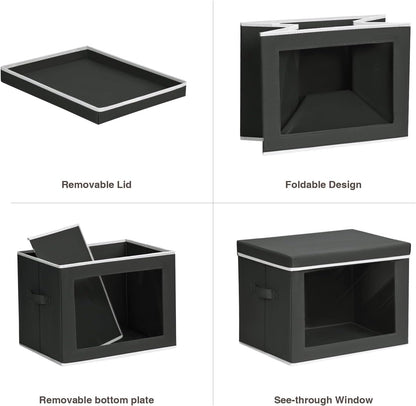 Storage Bins with Lids - Fabric Storage Boxe with Window, Collapsible Closet Organizers with Handles, Decorative Bin, Home Cubes Baskets for Clothes, Hat, Books, Dark Grey