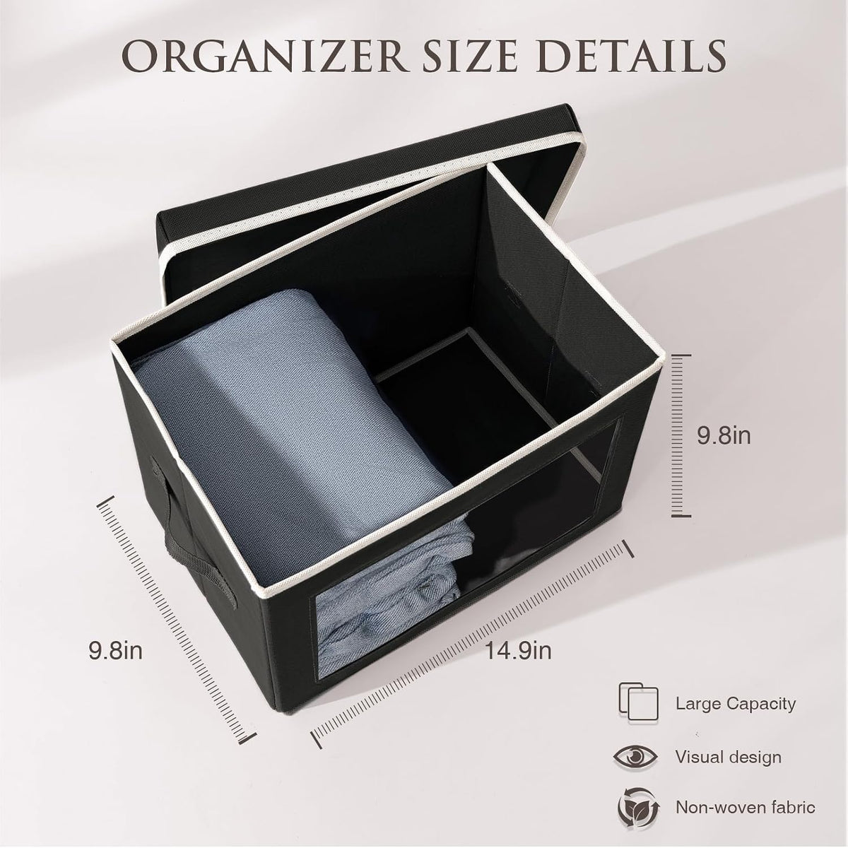 Storage Bins with Lids - Fabric Storage Boxe with Window, Collapsible Closet Organizers with Handles, Decorative Bin, Home Cubes Baskets for Clothes, Hat, Books, Dark Grey