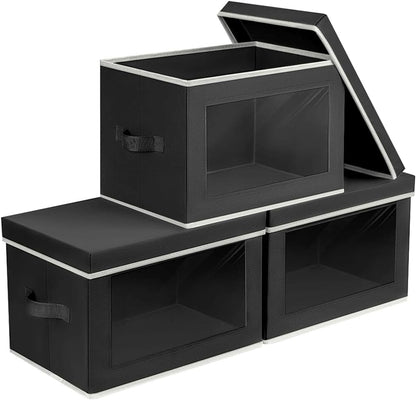 Storage Bins with Lids - Fabric Storage Boxe with Window, Collapsible Closet Organizers with Handles, Decorative Bin, Home Cubes Baskets for Clothes, Hat, Books, Dark Grey